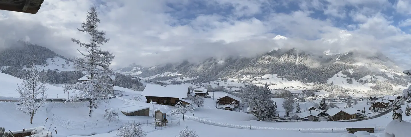 Blick aus dem Fenster in Scharnachtal auf die Berge, rechts der Niesen